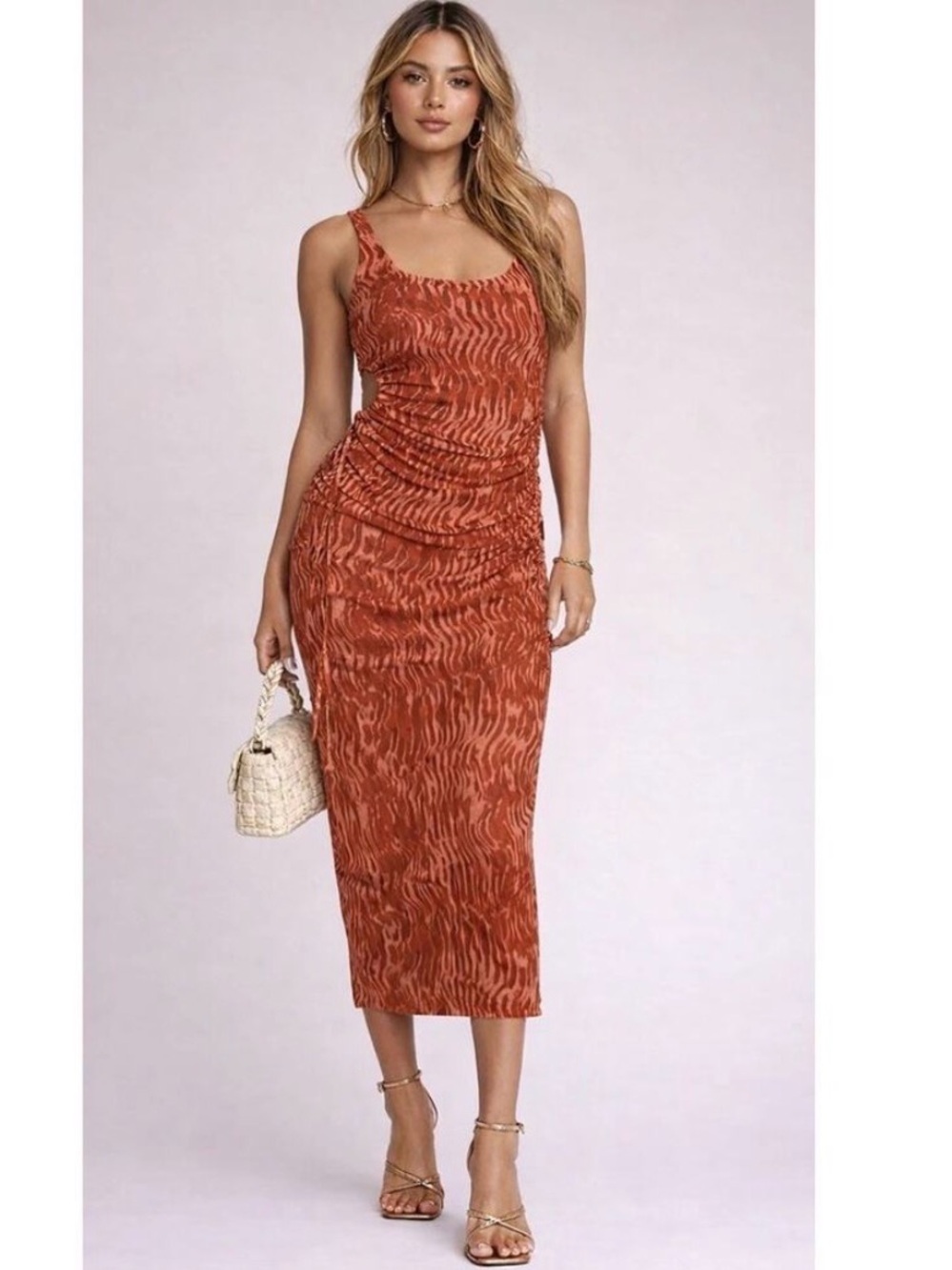 House of Harlow 1960 Rust-Red Patterned Midi Dress